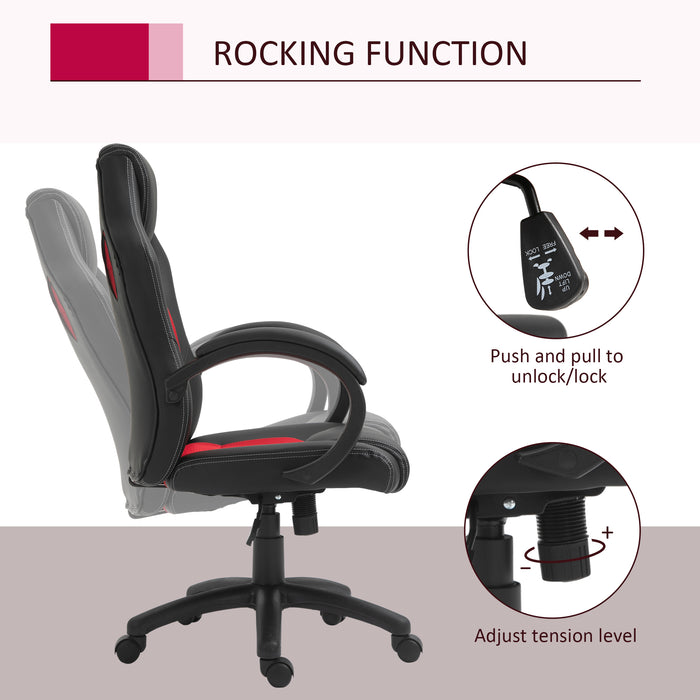 High-Back Swivel Chair - Faux Leather Home Office Desk Chair with Wheels and Armrests, Black & Red - Comfortable Seating for Work or Study