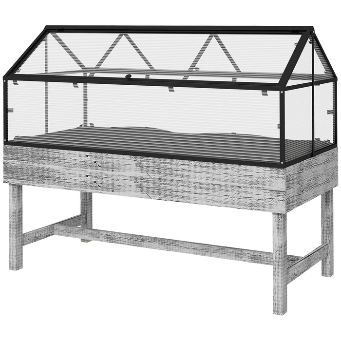 Elevated Wooden Garden Bed with Mini Greenhouse - 120x60x103cm Planter with Polycarbonate Panel and Ventilation - Ideal for Urban Gardening in Distressed Grey