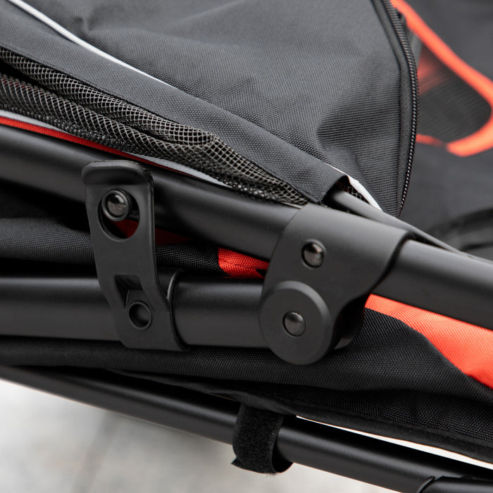 Red Pet Stroller with Shock Absorbing Universal Wheels - One-Click Folding Cat & Dog Carriage, Breathable Mesh Window, Brakes & Storage - Convenient Pet Travel & Comfort