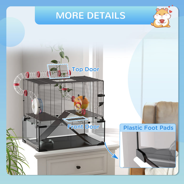 Dwarf Hamster & Gerbil Cage with Deep Glass Base - Includes Tunnels, Cozy Hut, and Exercise Wheel for Small Pet Enrichment - Spacious 60x40x57 cm Habitat for Rodent Comfort