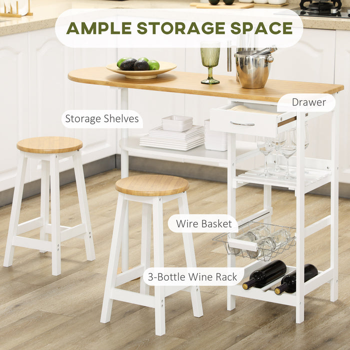3 Piece Breakfast Bar Set with Storage - Kitchen Table, Stools, Shelf, Drawer, Basket & Wine Rack - Space-Saving Dining Solution for Small Spaces