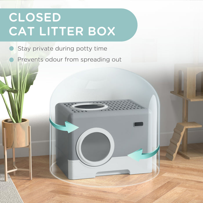 Enclosed Cat Litter Box with Lid - Front Entry, Top Exit, Drawer Tray & Scoop, 52x41x38.5cm - Ideal for Reducing Litter Scatter & Odor Control