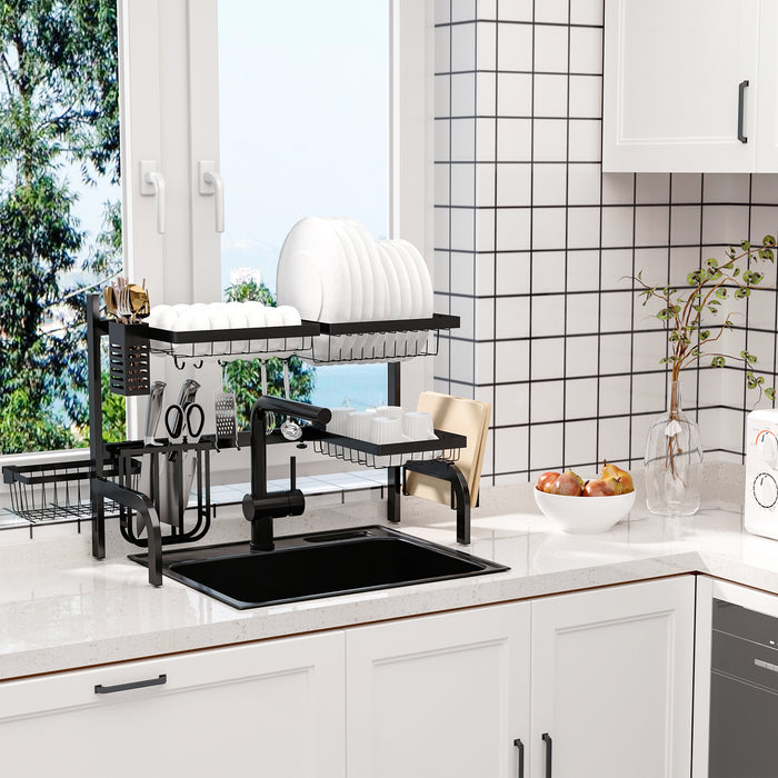 2-Tier Adjustable Over-the-Sink Dish Rack - Space-Saving Kitchen Organizer for Drying Dishes - Ideal for Small Homes & Apartments