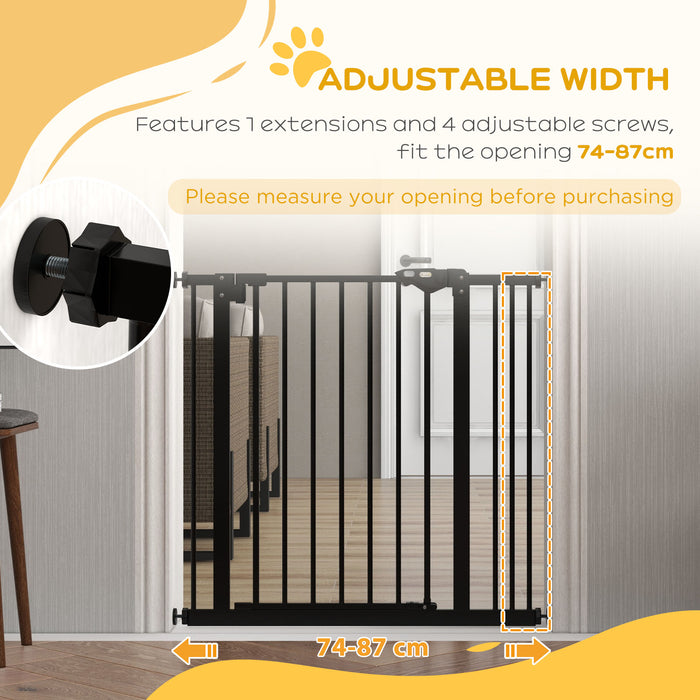 Adjustable Metal Dog Gate, 74-87cm Width, Black - Secure Pet Barrier for Home Safety - Ideal for Keeping Dogs Restricted in Certain Areas
