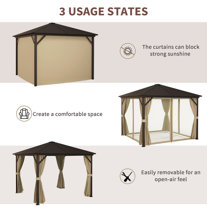 3x3m Hard Top Garden Gazebo - Aluminium Frame with Metal Roof, Netting, and Curtains - Canopy Shelter for Outdoor Lawn Spaces