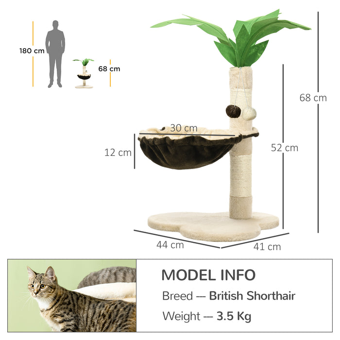 Coconut Tree Design Cat Tower - 68cm Beige Kitty Activity Center with Hammock & Sisal Scratching Post - Ideal for Playful Cats and Scratching Training