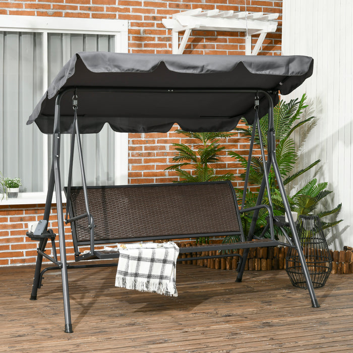 3 Seater Swing Chair with Adjustable Canopy - Rattan Bench Seat & Sturdy Steel Frame for Outdoor Relaxation - Ideal for Patio, Yard & Garden Comfort