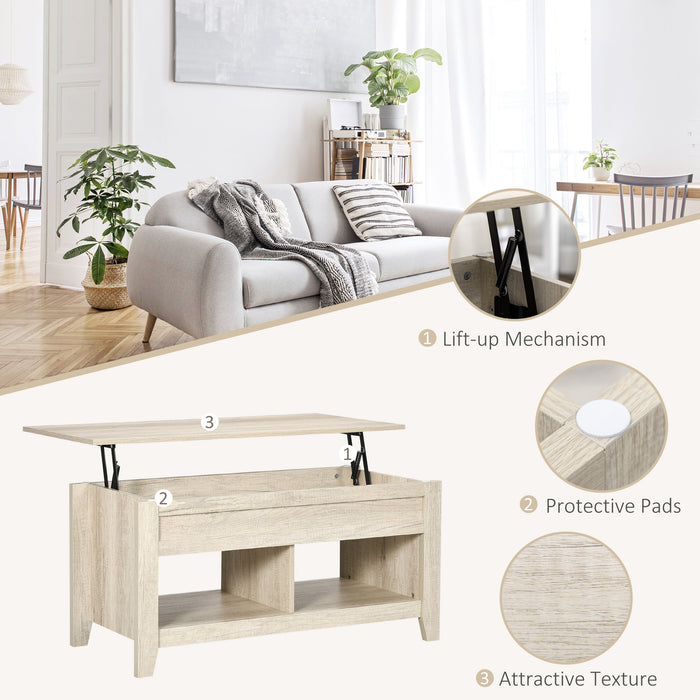 Lift-Top Oak Coffee Table - Hidden Storage, Pop-Up Tabletop, and Open Shelving - Versatile Living Room Centerpiece
