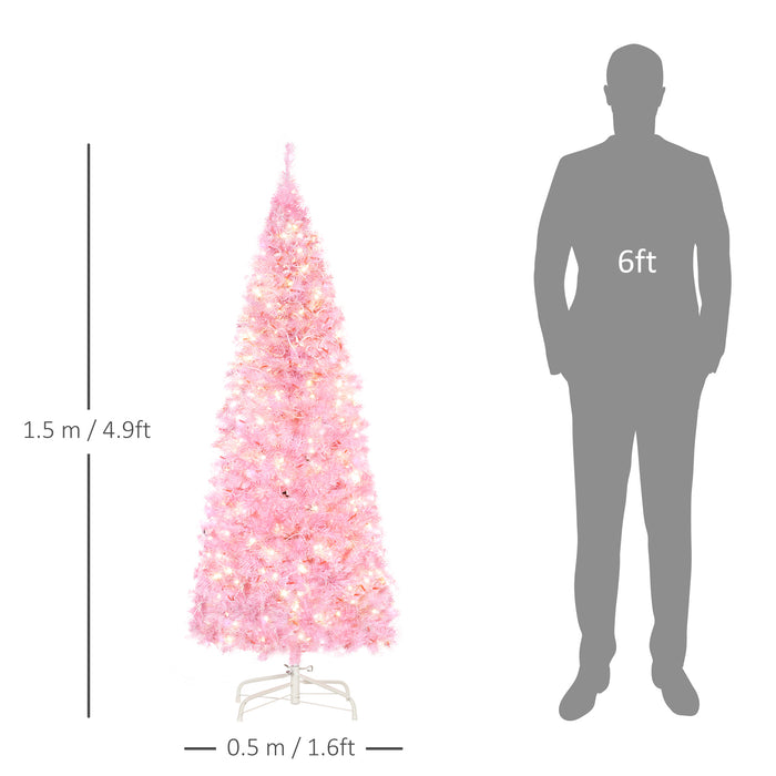 Slim Artificial Christmas Tree with Pre-Lit Warm White LEDs - 5-Foot, Realistic 408-Tip Pencil Tree for Xmas Decor - Pink, Space-Saving Holiday Centerpiece