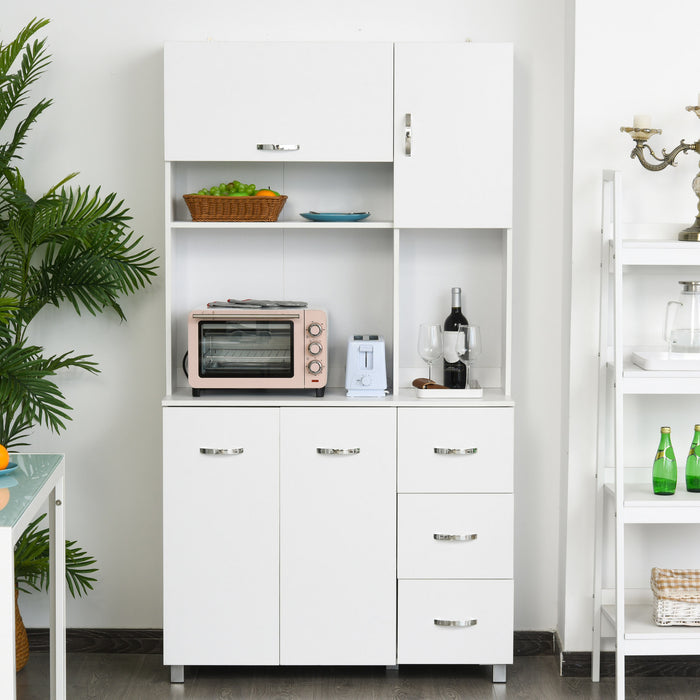 Kitchen Storage Organizer with Cupboards - Freestanding Unit with Open Shelves, Drawers, and Metal Handles - Ideal for Home Organization and Serving Station