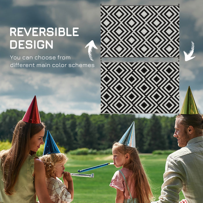 Reversible Plastic Straw Outdoor Rug - Durable Mat with Carry Bag & Ground Stakes, 182x274cm, Black - Ideal for Garden, RV, Picnic, Beach, and Camping Adventures