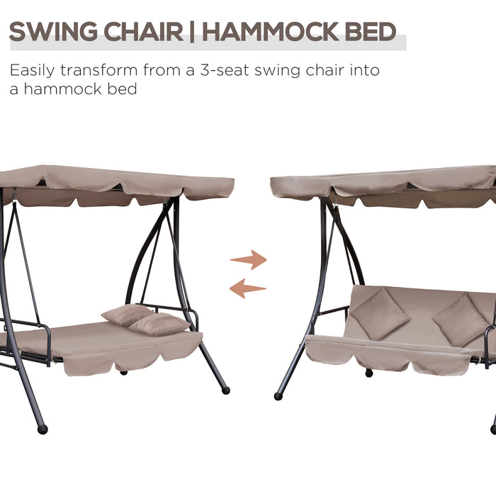 2-in-1 Patio Swing Chair Lounger with Convertible Tilt Canopy - 3-Seater Garden Swing Seat Bed, Cushioned Hammock Design in Beige - Perfect for Outdoor Relaxation and Comfort