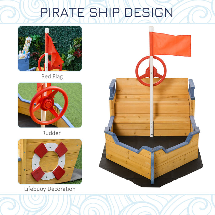 Pirate Ship Wooden Sandpit for Kids - Children's Sandbox with Bench and Bottom Liner for Outdoor Play - Backyard Adventure Play Station for Imaginative Fun