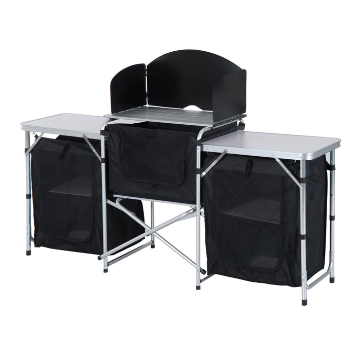 Portable Camping Cooking Workstation - Foldable Outdoor Kitchen Table with Windscreen and Storage - Ideal for BBQ, Parties, and Picnics