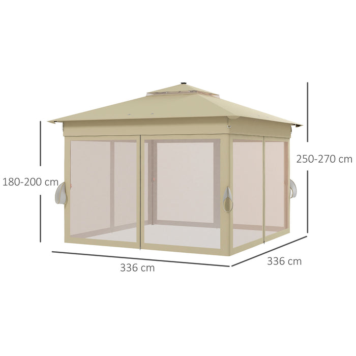 Pop Up Gazebo Party Tent with Solar LED Lights - 3x3m Adjustable Event Shelter with Curtain and Netting, Khaki - Ideal for Outdoor Gatherings and Celebrations