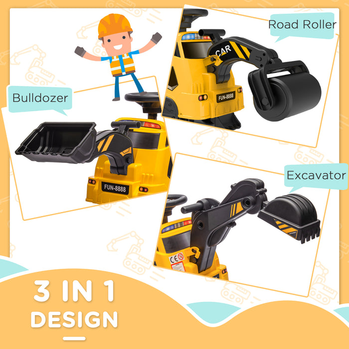 3-in-1 Ride-On Construction Truck - Excavator, Bulldozer, Road Roller with Music - Interactive Play for Toddlers 18-48 Months, Yellow