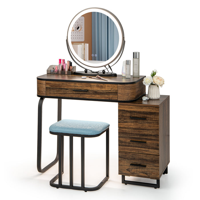Vanity Table Set with Stool - Touch Screen 3-Color Lighted Swivel Mirror in Brown - Perfect for Personal Grooming and Makeup Application