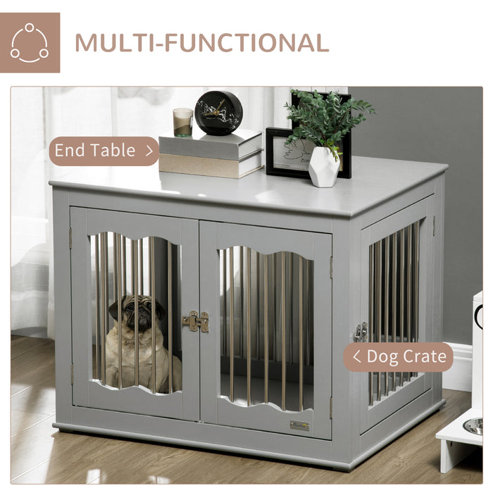 Three-Door Medium Dog Crate End Table - Furniture-Style Pet Crate with Secure Locks & Latches, Grey Finish - Ideal for Pet Confinement & Home Décor