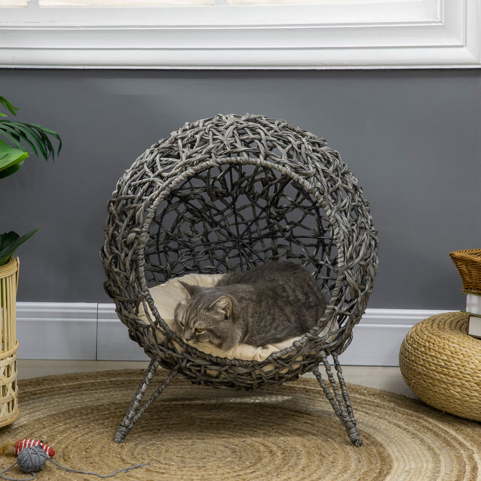 Rattan Elevated Cat Bed - Basket Ball Shaped Pet Lounger with Removable Cushion, Silver-Tone and Grey - Cozy Sleeping Space for Kittens and Cats
