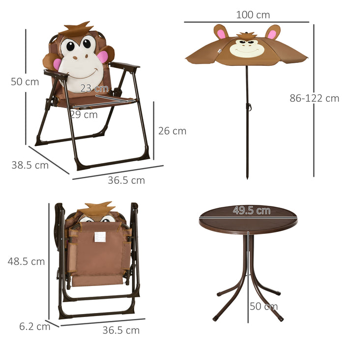 Outdoor Kids Picnic Table and Chair Set with Monkey Motif - Foldable Garden Furniture with Adjustable Sunshade for Children - Perfect for Ages 3 to 6, Brown