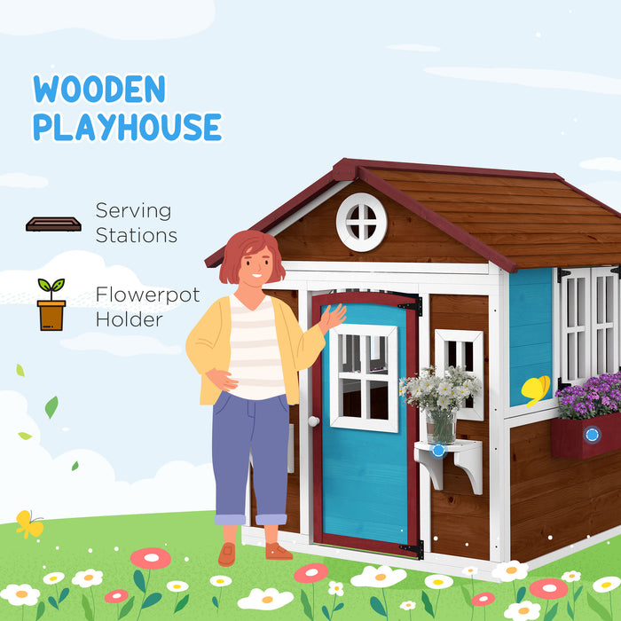 Wooden Playhouse for Kids - Interactive Features with Doors, Windows, & Plant Pots - Ideal for Children Aged 3-8 Years, Dark Brown