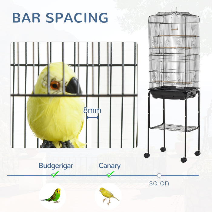 Bird Cage with Stand - Wheeled Finch, Canary, and Parakeet Habitat with Slide-Out Tray - Includes Storage Shelf, Ideal for Bird Lovers and Pet Safety