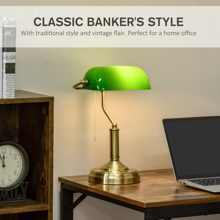 Antique Bronze Banker's Table Lamp - Green Glass Shade Desk Light with Pull Rope Switch - Classic Lighting for Home Office & Living Spaces