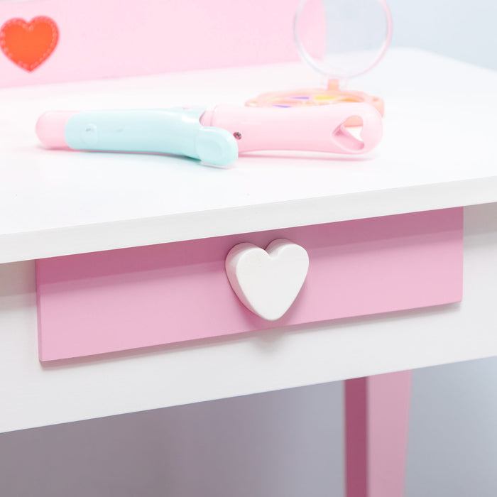 Kids Vanity Table and Stool Set - Pink Makeup Desk with Mirror, Drawer, and Cute Patterns - Ideal for Girls Aged 3-6 Years Old
