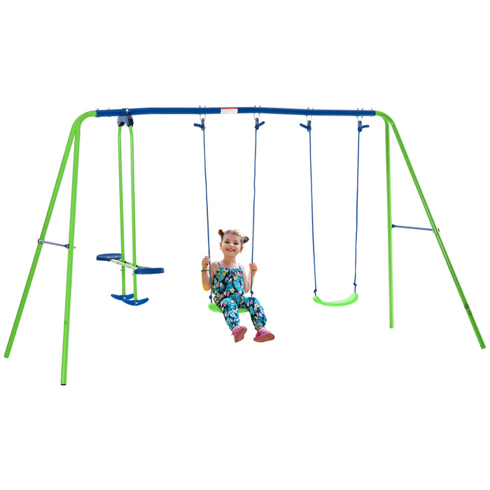 Metal Swings and Seesaw Combo - Double Seat, Height Adjustable, Durable Outdoor Playset for Kids - Perfect for Toddlers Aged 3+ in Backyards, Green