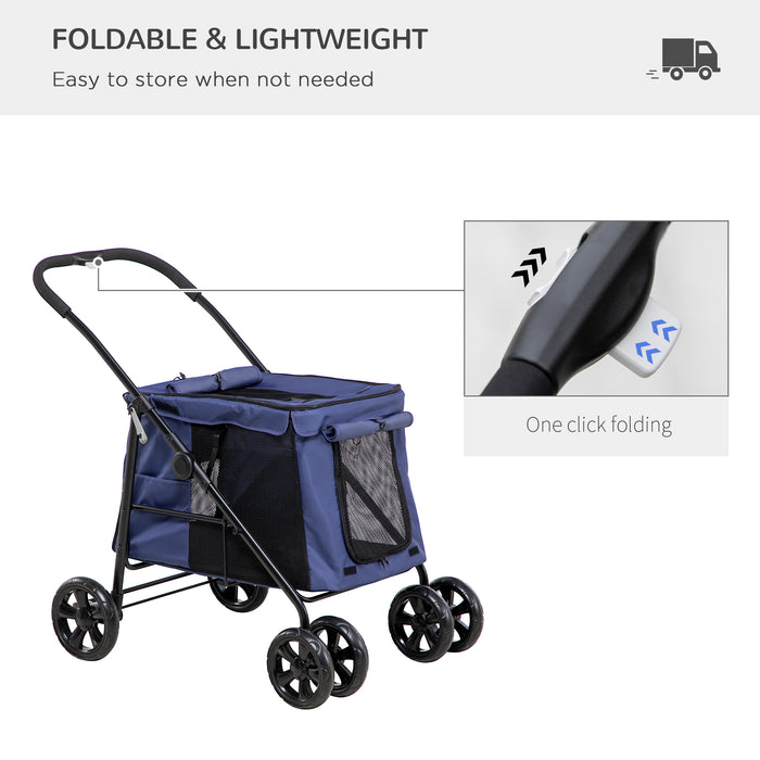 Foldable Dog Stroller with EVA Wheels and Storage - Mesh Windows, Safety Leash, and Cushion Design - Ideal for Small Pets' Comfortable Transport