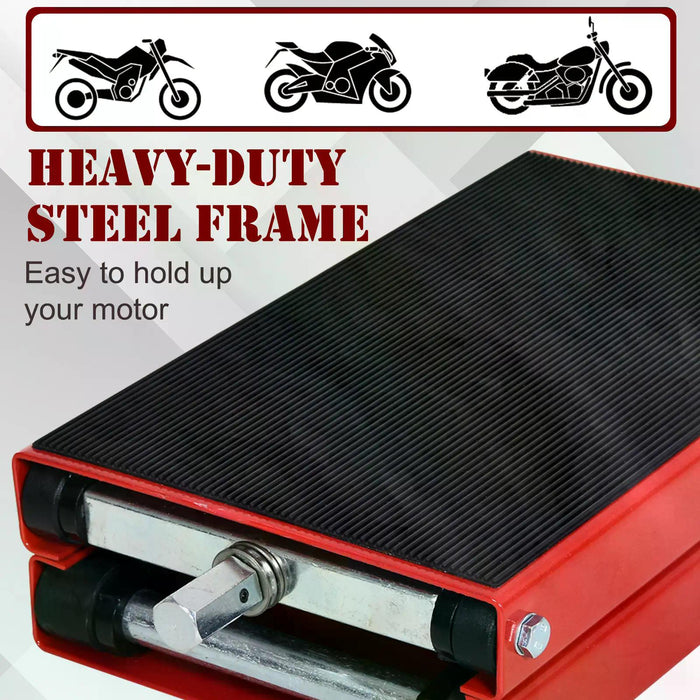 Heavy-Duty Steel Motorcycle Lift Platform - Manual Operation, Garage Repair Jack Stand, Red - Ideal for Bikers and Mechanics