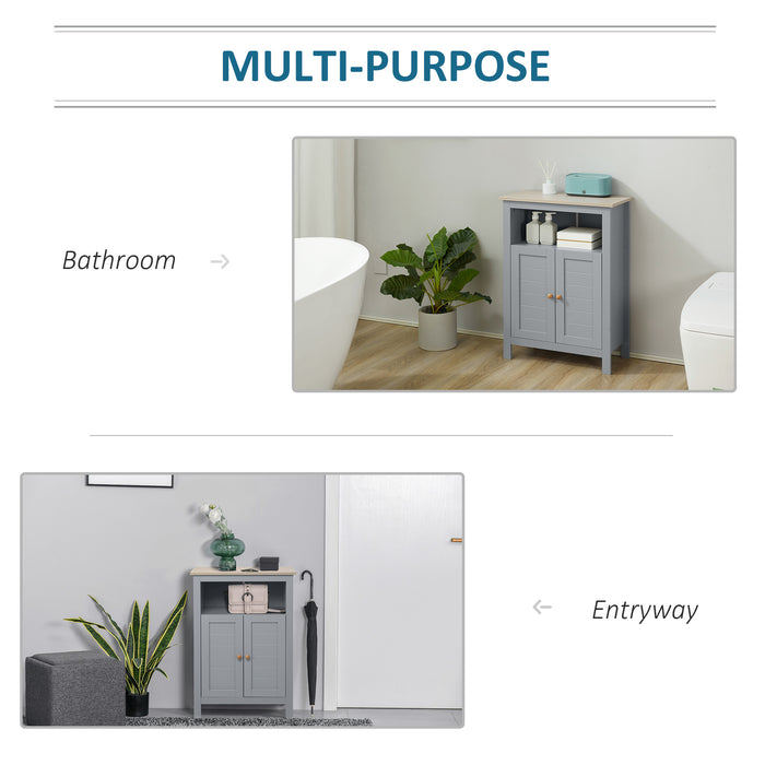 Free Standing Bathroom Floor Cabinet with Adjustable Shelf - Double-Door Compartment Storage Organizer, Grey - Ideal for Home Space Saving & Organization