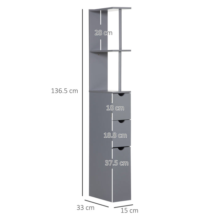 Freestanding Tall Bathroom Cabinet with 2-Tier Shelf and Drawers - Narrow Grey Cupboard Storage Unit - Space-Saving Organizer for Restroom or Laundry Room