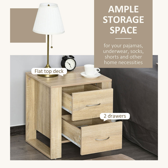 Modern 2-Drawer Oak Brown Bedside Table with Handles and Elevated Base - Contemporary Nightstand with Melamine Finish and Bedroom Storage Solutions - Ideal for Organizing Sleep Space Essentials