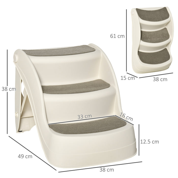 Portable 3-Step Dog Stairs - Foldable Pet Steps with Non-slip Mats for High Beds and Sofas, 49x38x38cm - Ideal for Small to Medium Pets Accessing Elevated Surfaces, Cream Color