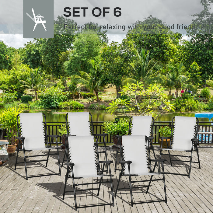 Patio Folding Chair Set of 6 - Garden Portable Chairs with Armrest and Breathable Mesh Fabric - Ideal for Camping and Beach Outings in Cream White
