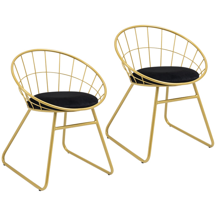 Metal Wire Dining Chair Duo - Velvet Cushion & Round Back Design with Durable Steel Frame - Elegant Seating for Living Room & Bedroom, Gold Finish