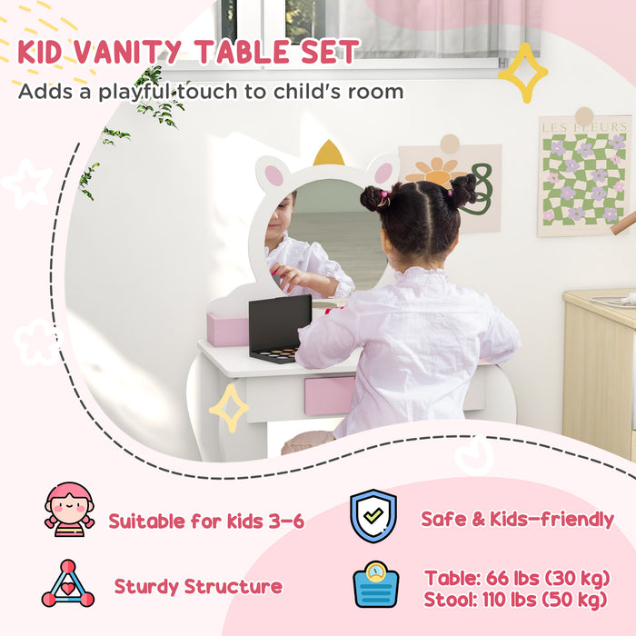 Unicorn-Themed Kids Bedroom Set - Dressing Table with Mirror and Stool, Toddler Bed Frame - Perfect for Ages 3-6