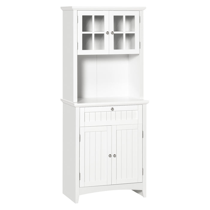 Buffet and Hutch Storage Unit - Elegant White Wooden Cupboard with Glass Door and Drawer for Kitchen Organization - Ideal for Dining and Living Room Essentials Display, 68.6W x 40D x 164Hcm