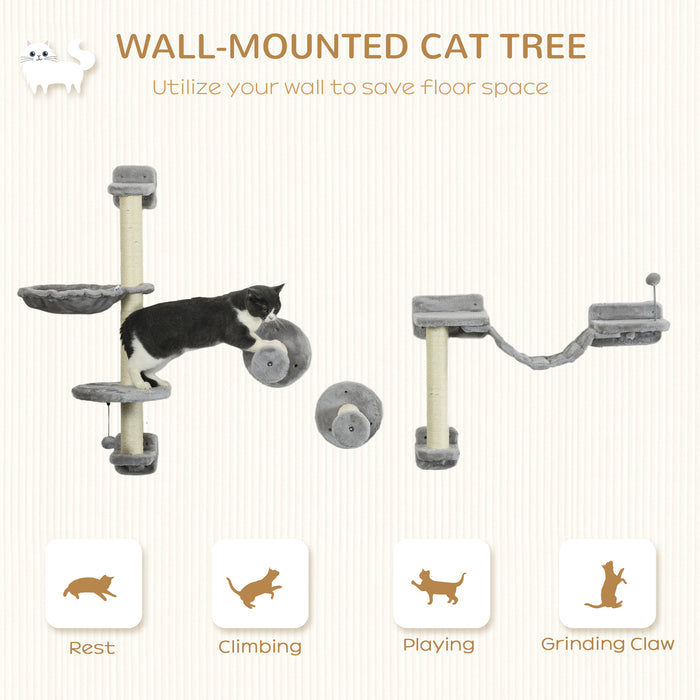 Cat Haven - 4-Piece Wall-Mounted Lounging Set with Hammock, Perches, Ladder & Scratcher in Grey - Ideal for Playful and Restful Pets