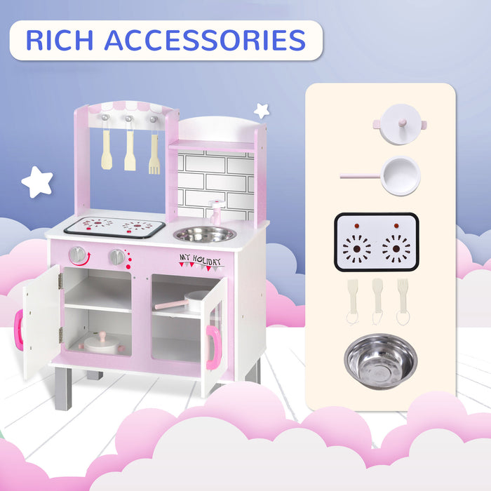 Wooden Kids Play Kitchen Set with Cooking Sounds - Complete Pretend Playset with Utensils, Pans, and Storage - Ideal for Children's Role Play and Learning, Age 3+, in Pink