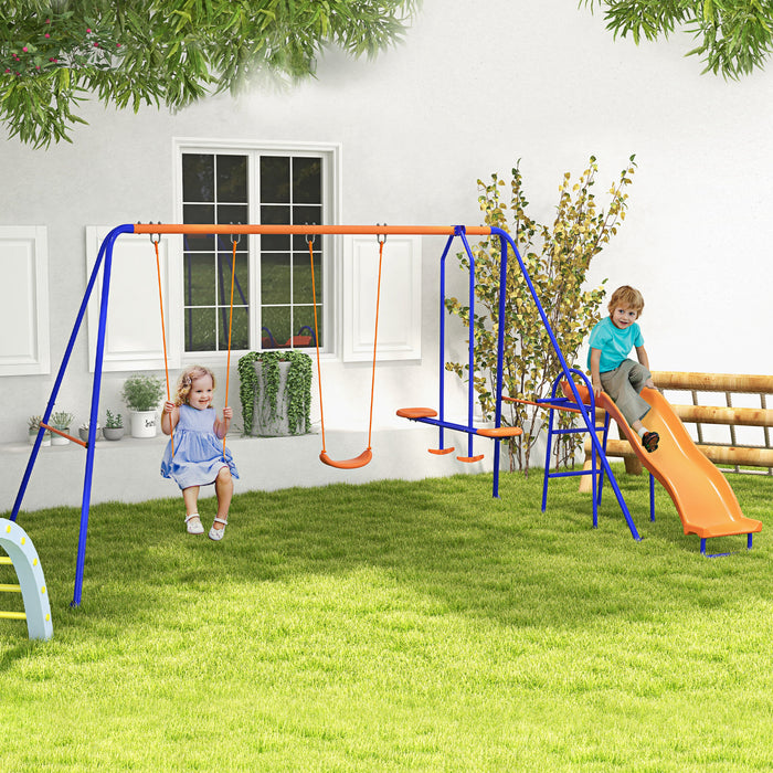 4-in-1 Metal Garden Swing Set - Double Seat Swings, Glider, Slide, Ladder in Vibrant Orange - Outdoor Fun for Kids and Family