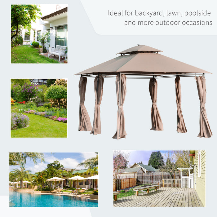 Outdoor Gazebo Canopy Party Tent - 4x3 Meter Pavilion with LED Solar Light, Double Tier Roof & Curtains - Ideal for Garden, Patio Entertainment & Shelter, Steel Frame, Khaki