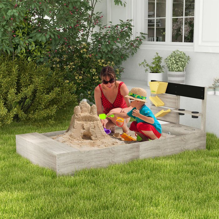 Kids Outdoor Playset - Wooden Sand Pit with Protective Liner, Imaginative Pretend Hobs, Integrated Planting Boxes, and Dual Seating - Ideal for 3 to 7-Year-Olds and Creative Play