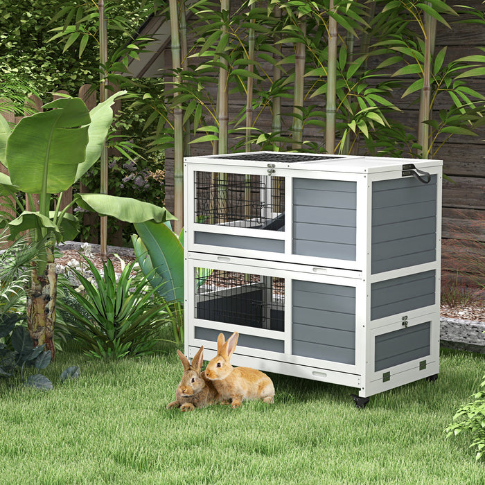 Double Deckers Guinea Pig & Rabbit Hutch - Indoor Cage with Feeding Trough, Trays, and Ramps - Easy Access Openable Top for Small Pet Comfort