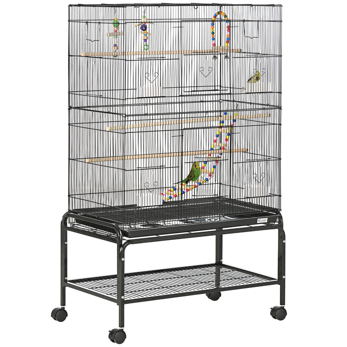 Bird Cage on Wheels with Stand and Accessories - Ideal for Canaries, Finches, Lovebirds, Parakeets - Includes Toys and Storage Shelf for Pet Convenience