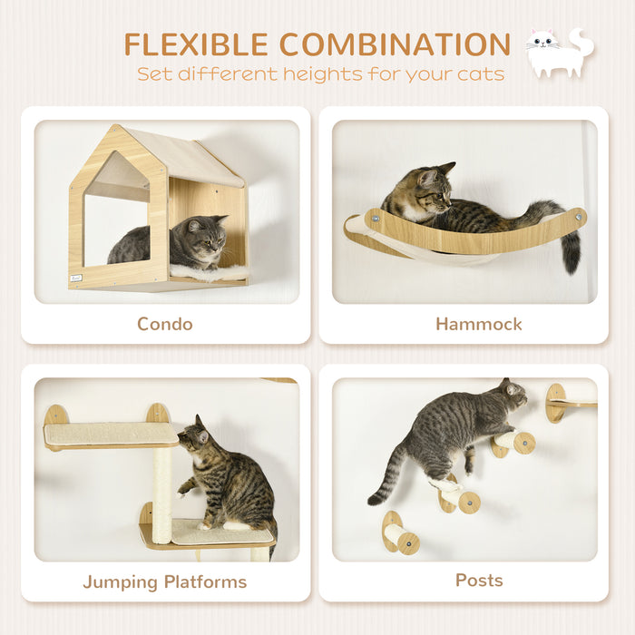 Deluxe 8-Piece Cat Wall Shelves - Wall-Mounted Playground with Condo, Perches, Scratching Posts & Steps - Space-Saving Cat Tree for Indoor Cats, Beige Design