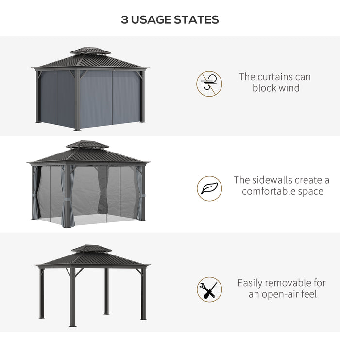 Outdoor Hardtop Gazebo Canopy 3.7x3m - Aluminum Frame, 2-Tier Roof, Mesh Netting Sidewalls, in Grey - Ideal for Patio Enhancement and Entertaining