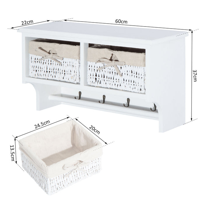 Wall-Mounted Entryway Coat Rack - White Shelf with Wicker Baskets and Hooks, 2-Basket Organizer - Perfect Storage Solution for Home Organization