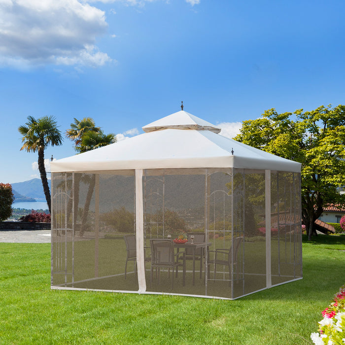 300x300cm Double-Tiered Garden Gazebo - Beige Outdoor Canopy with Sun Shade, Patio Event Shelter, and Mesh Curtains - Ideal for Backyard Parties and Gatherings